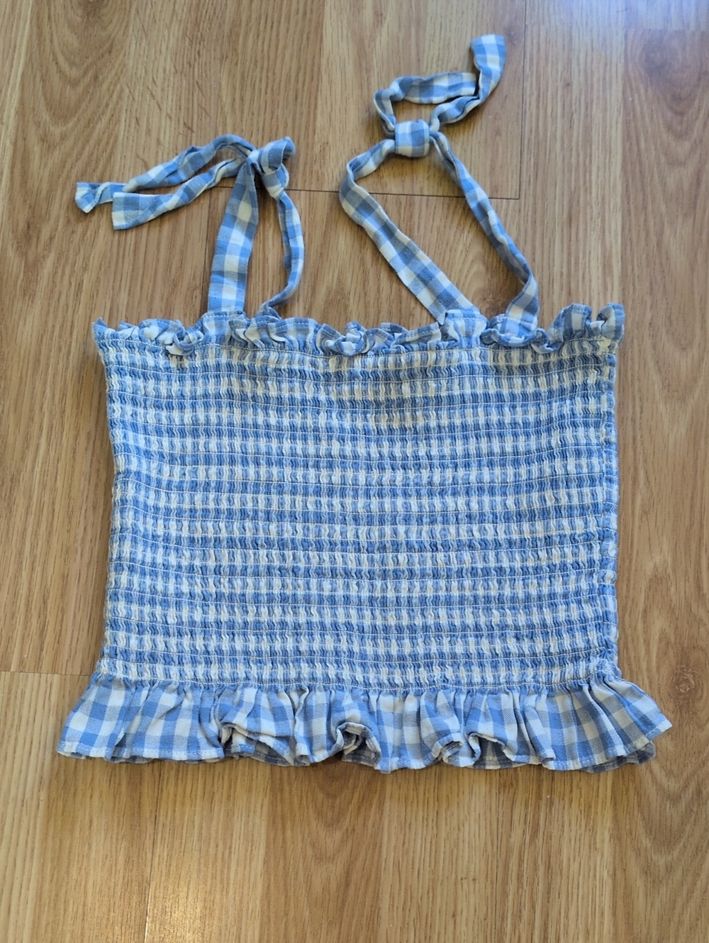 Shiny By Nature Blue And White Gingham Shirred Top Size Small